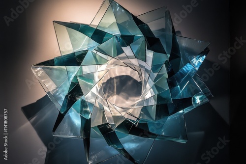 Abstract glass sculpture, teal and gray fragments forming a starburst pattern with a central void. photo