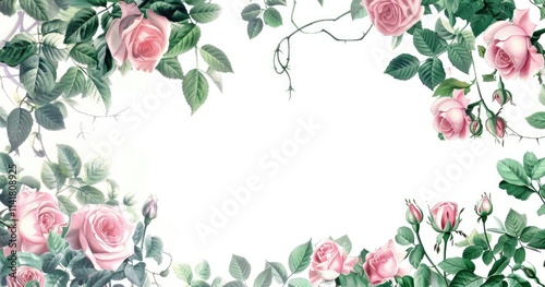 Fototapeta Naklejka Na Ścianę i Meble -  A decorative border featuring pink roses and green foliage on a white background.
