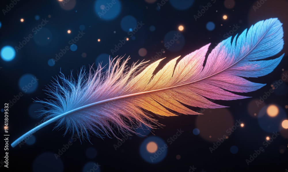 Obraz premium A delicate feather floats gracefully mid-air, disintegrating into a swirling cloud of colorful butterflies. The feather is a rich mix