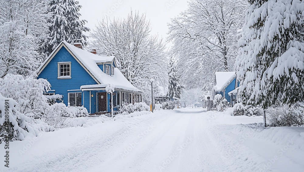 Naklejka premium Snow-covered street with blue houses.