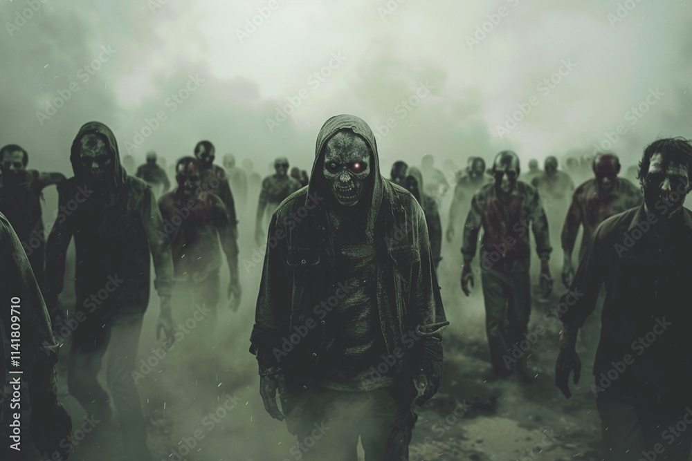Scary sinister zombie wandering in street with dramatic lighting Scary sinister zombie wandering in street with dramatic lighting