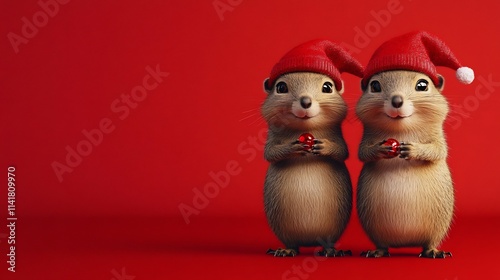 Funny Potoroos Wearing Festive Hats Make Gestures Selling Merchandise for Seasonal Holiday and Mid photo