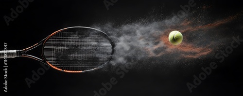 Tennis Racket in Full Swing Hitting the Ball 