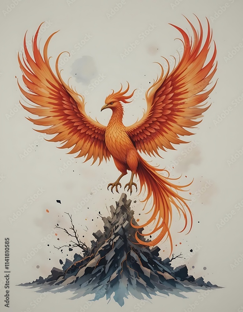 Obraz premium Watercolor A phoenix rising from the ashes with fiery wings