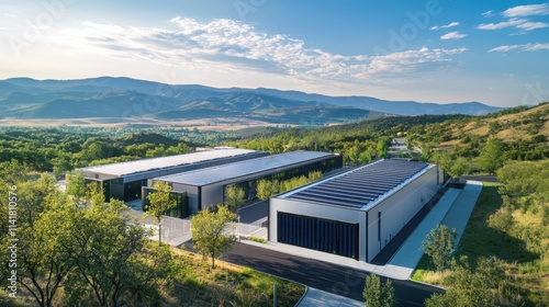 Sustainable data center development mountain valley architecture green environment aerial view energy efficiency concept