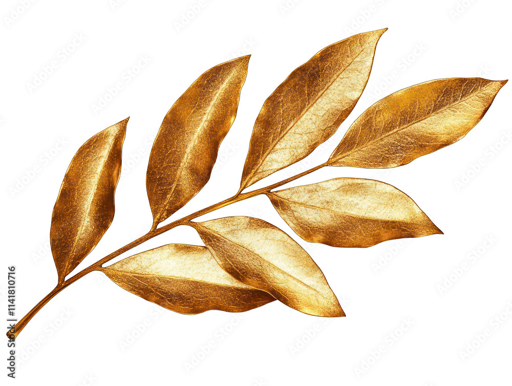Golden Leaf Branch with Eight Detailed Leaves Isolated on White Background Golden Leaf Branch with Eight Detailed Leaves Isolated on White Background