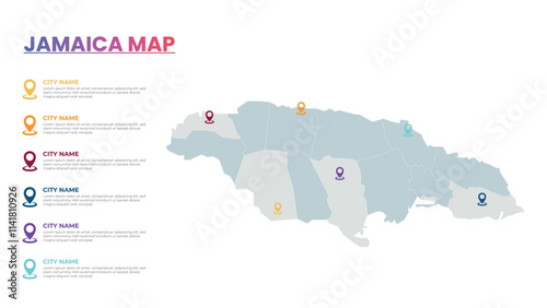 Jamaica Modern Map Infographic Template, Detailed infographic map of Jamaica Popular City