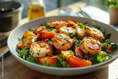 Delicious grilled shrimp salad home kitchen food photography bright lighting aesthetic plating culinary delight