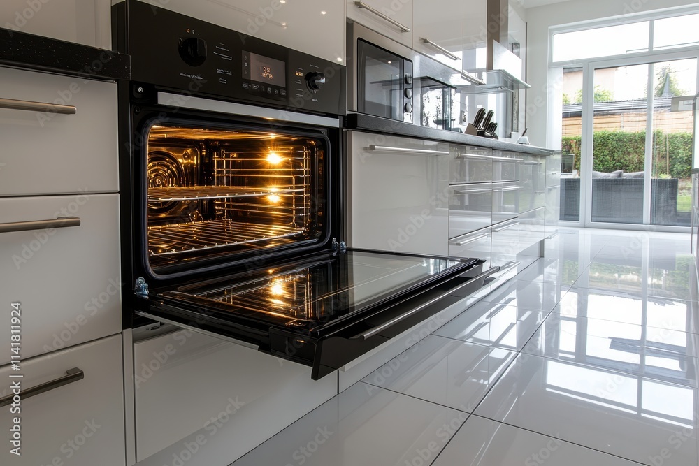 Modern Kitchen with Open Oven in a Bright Space Featuring Glossy Cabinets, Stainless Steel Appliances, and a Clean, Contemporary Design Modern Kitchen with Open Oven in a Bright Space Featuring Glossy Cabinets, Stainless Steel Appliances, and a Clean, Contemporary Design