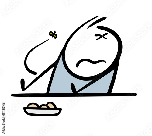 Disgruntled boy sits at the table and refuses to eat tasteless food. Vector illustration stickman made a face of disgust, a fly landed on the meat. Isolated funny character and bad insect.