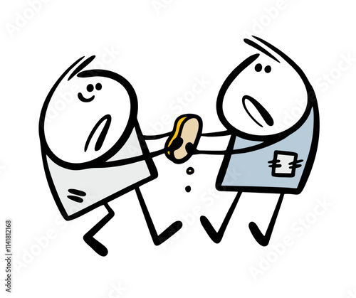 Two hungry homeless people are fighting over a piece of bread. Vector illustration of poor people who want to eat. Unemployed unhappy cartoon teenagers on the street pulling food.