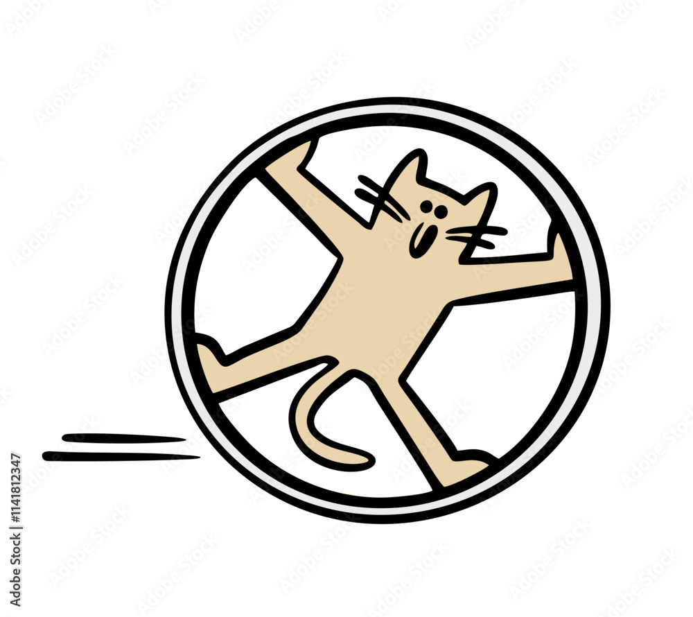 Cartoon funny cat spins in a wheel, messes around, rushes along the road. Vector illustration of a pet acrobat shows a trick in a circus. Isolated animal on white background.