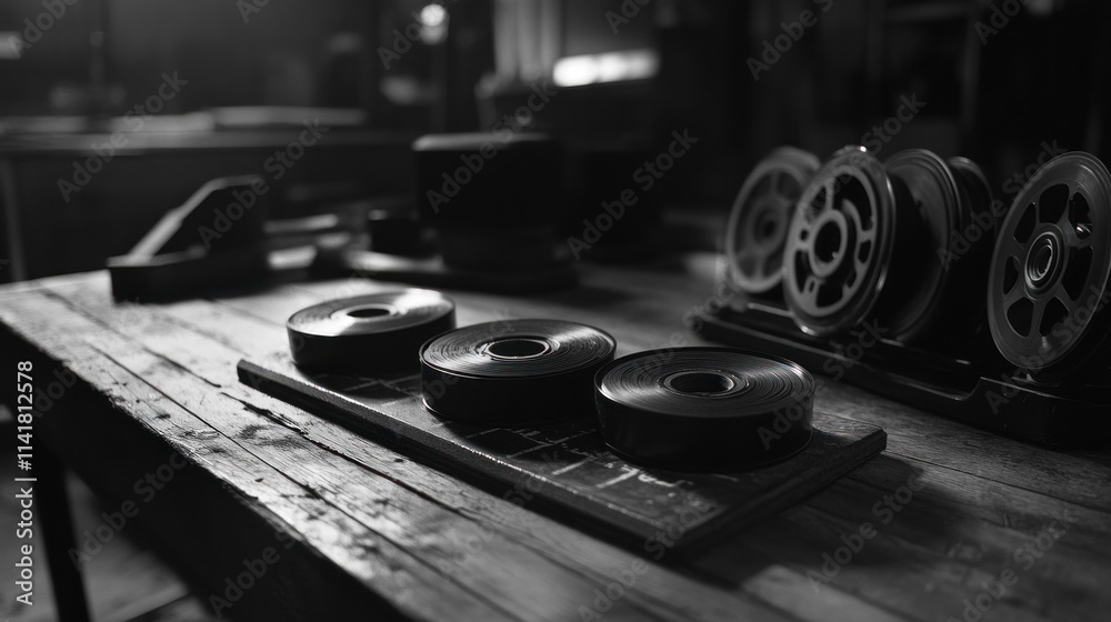Obraz premium Film reels and spools on a rustic wooden table in a dark room.