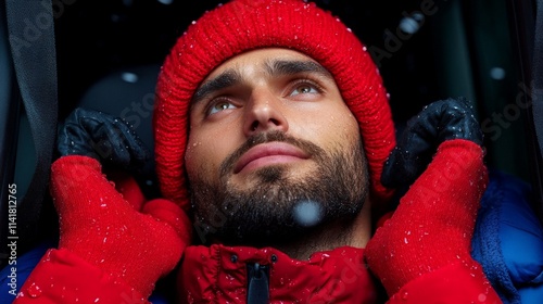 Winter's Embrace: A ruggedly handsome man, adorned in warm knitwear, gazes up at the falling snow, his eyes filled with a contemplative gaze. photo