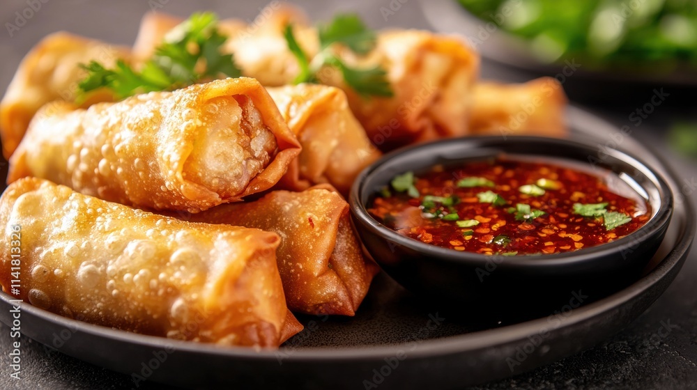 Delicious spring rolls with dipping sauce asian cuisine food photography modern kitchen close-up culinary delight Delicious spring rolls with dipping sauce asian cuisine food photography modern kitchen close-up culinary delight