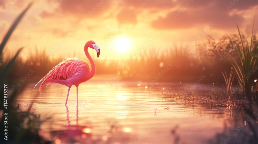 Fototapeta premium Pink flamingo standing in shallow water at sunset.