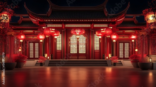 Night view of a traditional red Chinese building with lanterns.
