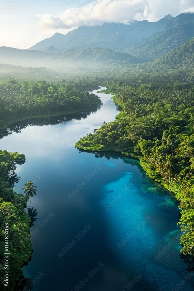 Aerial view of a blue water lake in a tropical rainforest, with a clear river and mountains in the background, under the soft light of a misty morning. Aerial view of a blue water lake in a tropical rainforest, with a clear river and mountains in the background, under the soft light of a misty morning.