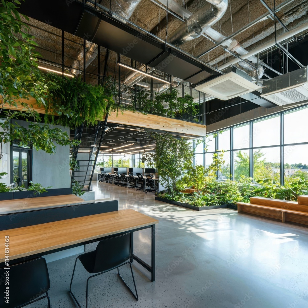 Innovative green startup workspace design modern office collaborative environment urban wide-angle view sustainability concept Innovative green startup workspace design modern office collaborative environment urban wide-angle view sustainability concept