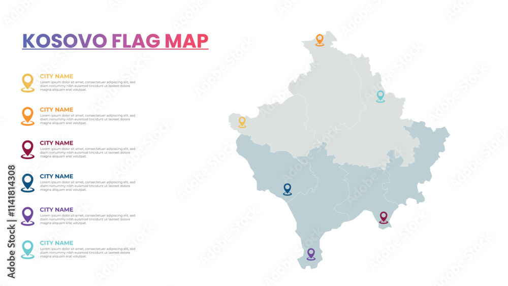 Obraz premium Kosovo Flag Modern Map Infographic Template, Detailed infographic map of Kosovo Flag Popular City