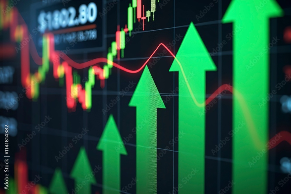 Stock market board displaying significant gains, reflecting investor confidence and economic growth, with numbers and arrows indicating upward trends. Stock market board displaying significant gains, reflecting investor confidence and economic growth, with numbers and arrows indicating upward trends.
