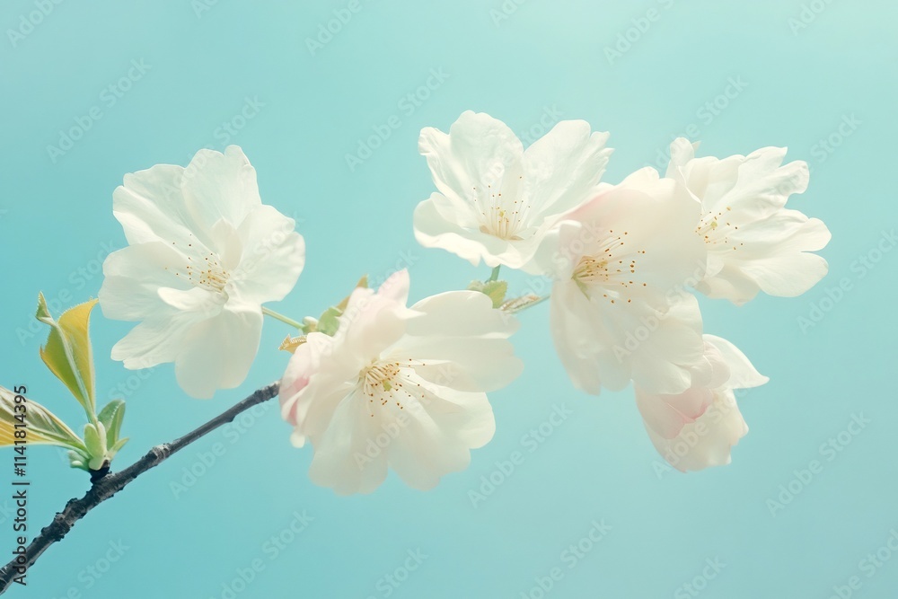 Fototapeta premium Delicate Pink Cherry Blossom Branch on Pastel Blue Background with Ample Copy Space