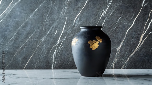 Charcoal black clay vase with gold repairs on a minimalist marble countertop, showcasing the blend of traditional and modern kitchen decor