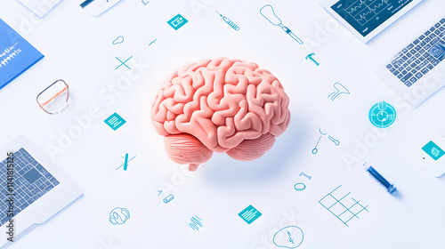 A digital brain surrounded by medical equipment and data screens, representing the intersection of healthcare and technology, ideal for concepts related to medical innovation, digital health, and neur photo