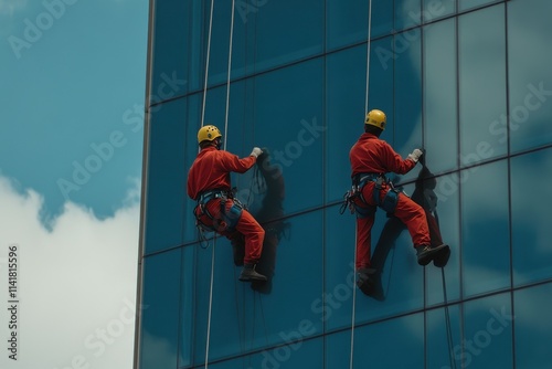 Two Window Cleaners in Safety Gear Performing High-Rise Maintenance on a Modern Building with Reflective Glass Facade Beneath a Blue Sky and White Clouds photo