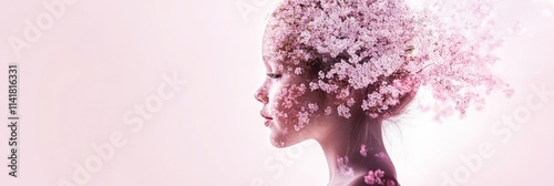 Woman's profile with flowers overlay, soft pink background.
