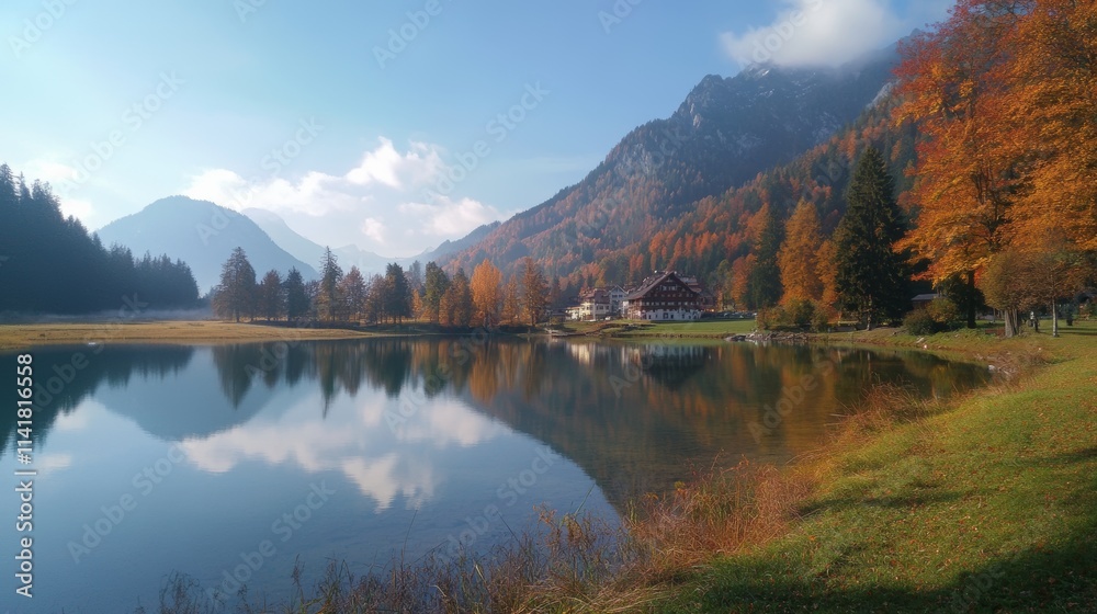 Obraz premium Beautiful autumn scene of Hintersee lake. Colorful morning view of Bavarian Alps on the Austrian border, Germany, Europe. Beauty of nature concept background.