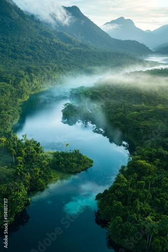 Aerial view of a blue water lake in a tropical rainforest, with a clear river and mountains in the background, under the soft light of a misty morning. 