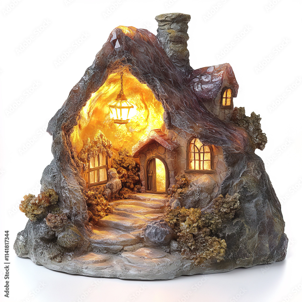 Fototapeta premium glowing crystal cave house with warm lantern, nestled in nature beauty