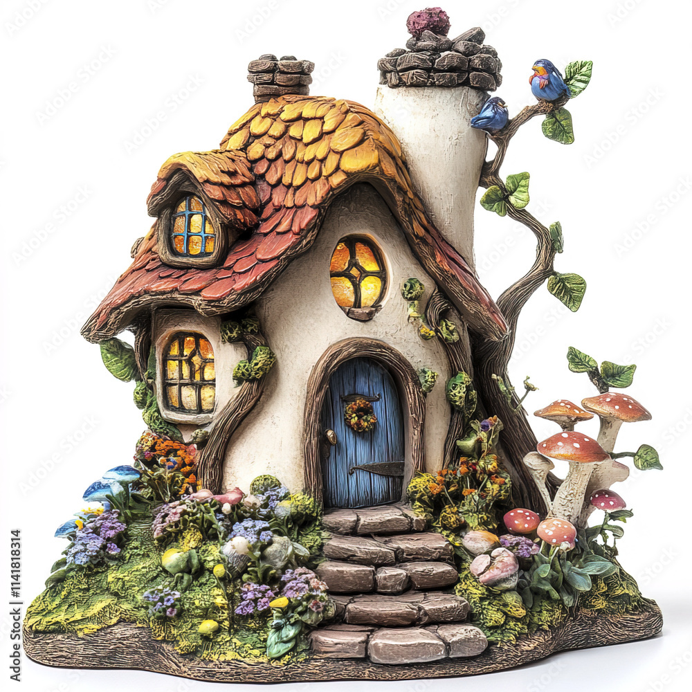 Fototapeta premium whimsical gnome house surrounded by colorful flowers and mushrooms