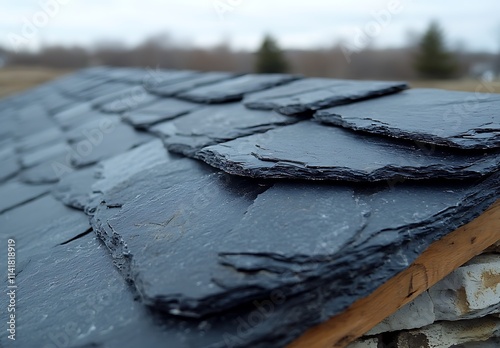 Dark Slate Roof Tiles Over Stone Wall