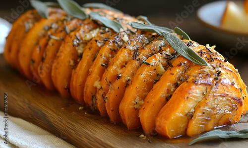 Hassleback butternut squash with chilli peppers and bay leaves photo