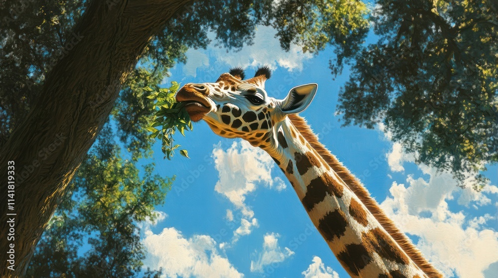 Obraz premium Giraffe eating leaves against a blue sky.
