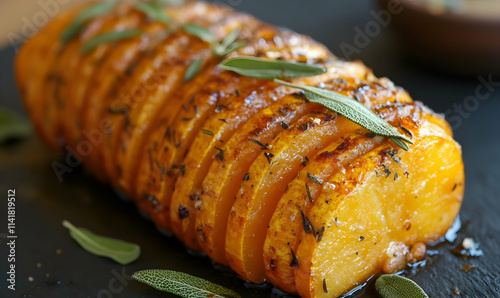 Hassleback butternut squash with chilli peppers and bay leaves photo