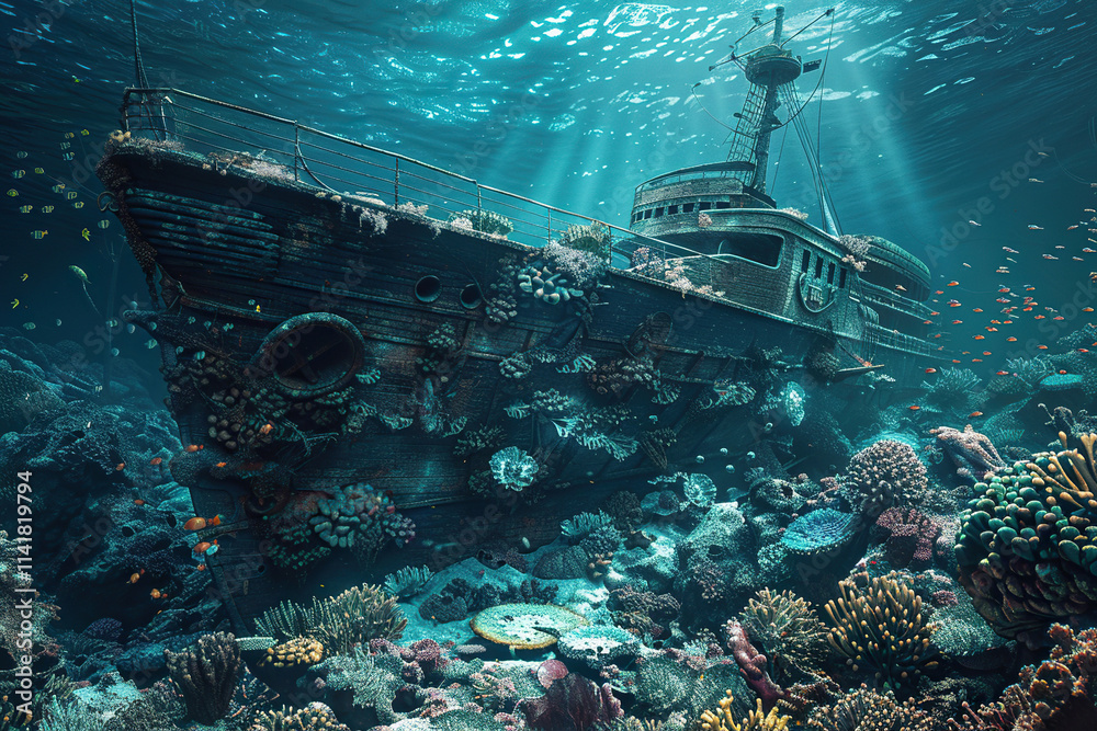 Fototapeta premium Underwater view of an sunken ship on seabed with fish swimming around