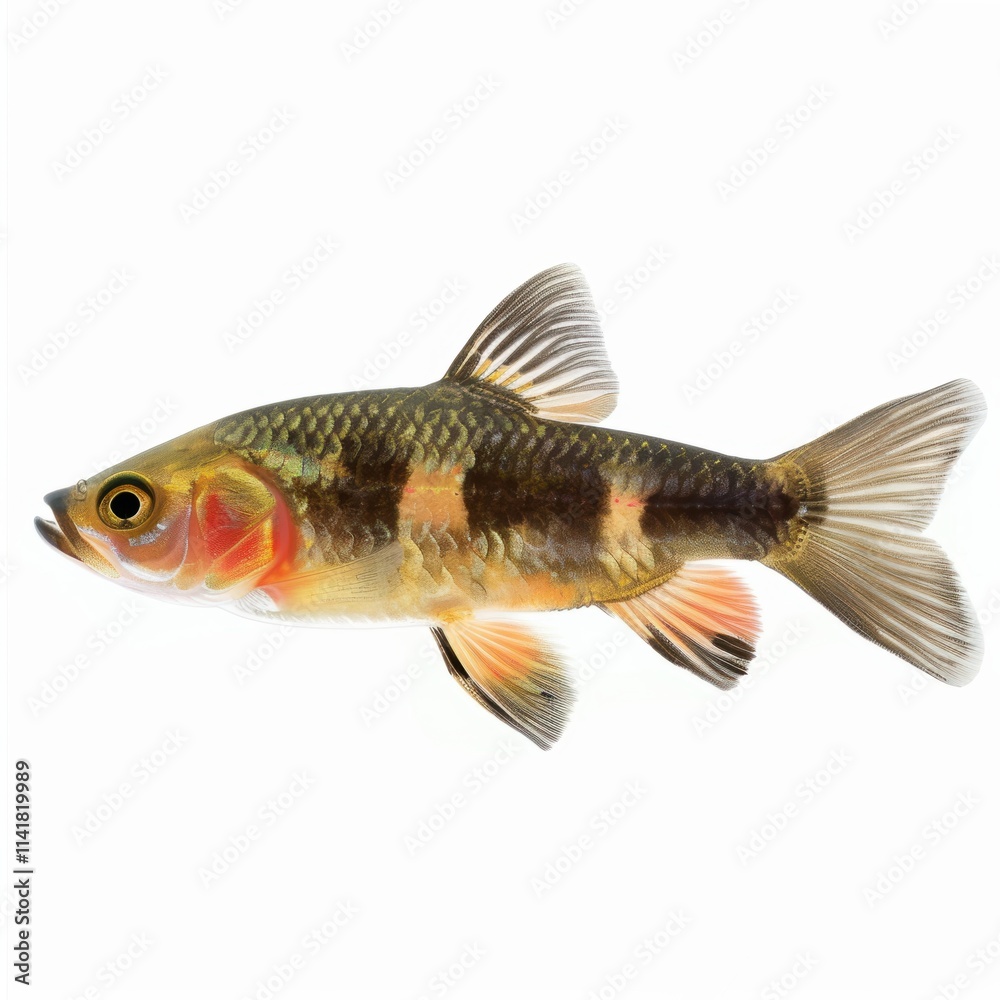 pikeperch, a fish with a slender body and a pointed head. It has a pattern of vertical black bands across its body, which is primarily a light golden color. The fish also has some orange and red hues pikeperch, a fish with a slender body and a pointed head. It has a pattern of vertical black bands across its body, which is primarily a light golden color. The fish also has some orange and red hues