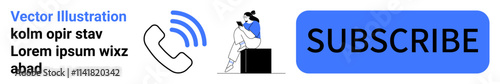 Woman sitting, using laptop next to large subscribe button and telephone icon. Ideal for email sign-ups, blog subscriptions, user engagement, CTA buttons, online newsletters, marketing strategies