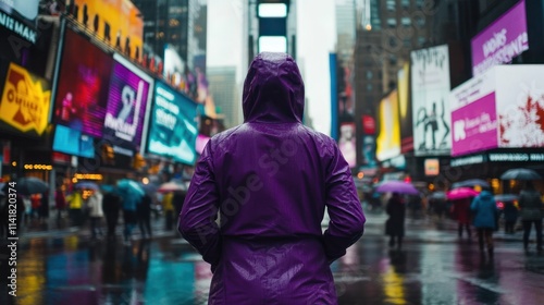 Woman in purple raincoat stands in Times Square rain.