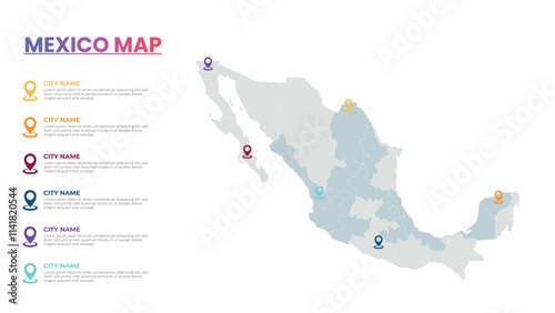 Mexico Modern Map Infographic Template, Detailed infographic map of Mexico Popular City