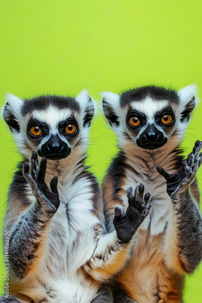 Fototapeta premium Funny Lemurs Promoting Festive Seasonal Holiday Sale on Bright Lime Green Background