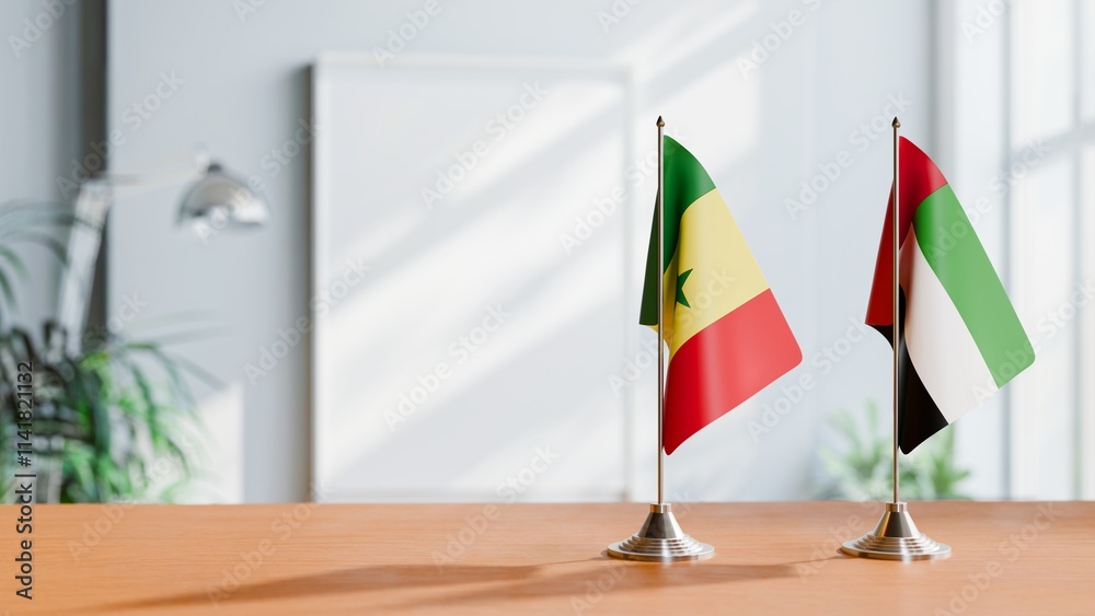 FLAGS OF SENEGAL AND UAE ON TABLE FLAGS OF SENEGAL AND UAE ON TABLE
