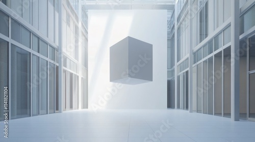 Modern minimalist gallery interior with floating cube artwork.