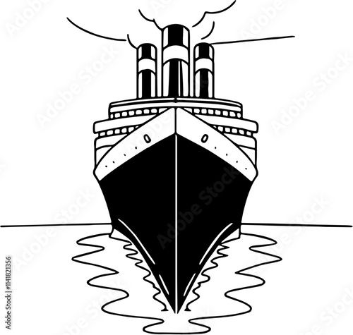 Vintage ocean liner illustration, cruise ship artwork, nautical travel concept, maritime history graphic, retro steamship drawing, black and white ship art, transportation design, voyage-themed decor
