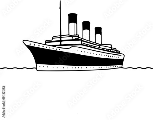 Vintage ocean liner illustration, cruise ship artwork, nautical travel concept, maritime history graphic, retro steamship drawing, black and white ship art, transportation design, voyage-themed decor