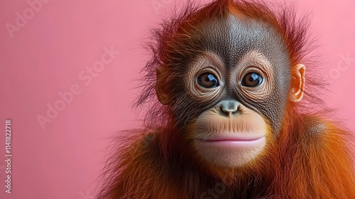 A baby orangutan with a pink background