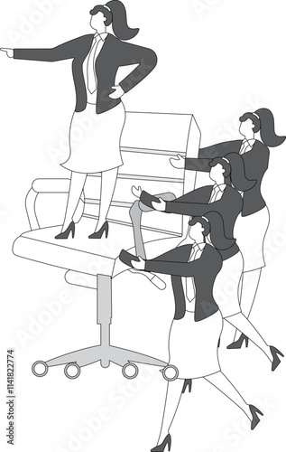 Leader manager standing on red office chair and giving command, group team work together to raise office chair, hierarchy leader and team group members, corporate culture and business concept illustra